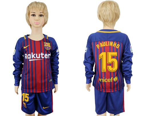 Barcelona #15 Paulinho Home Long Sleeves Kid Soccer Club Jersey - Click Image to Close